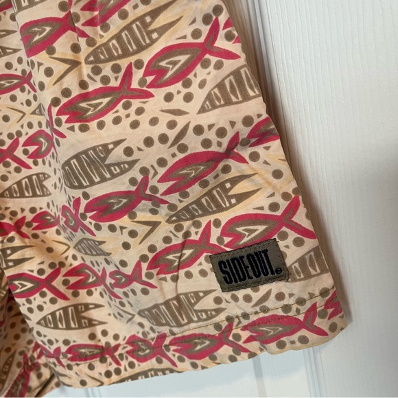 Vintage SIDEOUT Swim Trunks L Abstract Fish Print Hawaiian Board Shorts Pink Tan - Picture 2 of 6